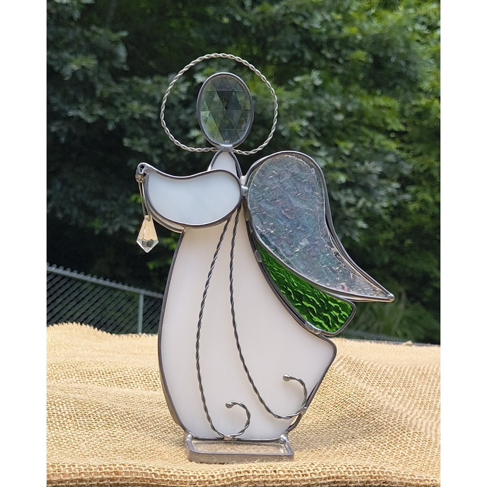 Stained Glass & Pewter Angel Figurine Opalescent White, Green W Iridescent Wings